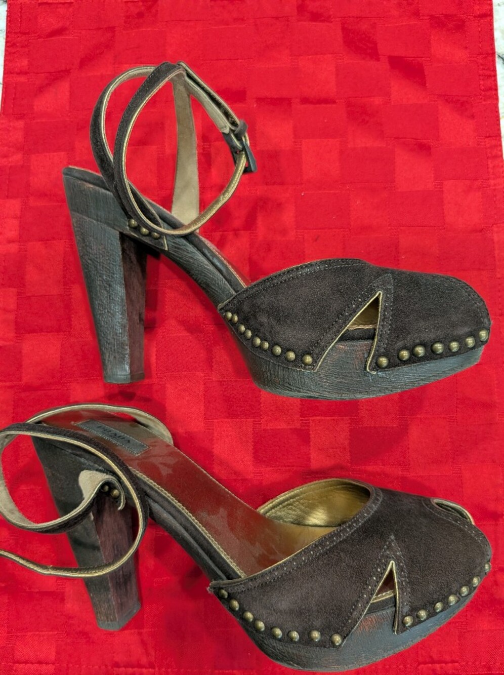 Prada Brown Suede Peep-Toe Ankle-Strap Heels with Gold Insole - Picture 6 of 10
